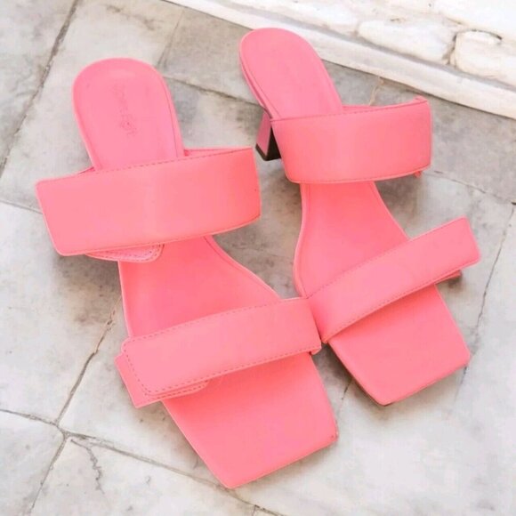 Open Edit Quincy Heeled Sandals Pink Shock Faux Leather Mule Strappy Size 11 M - Picture 1 of 3